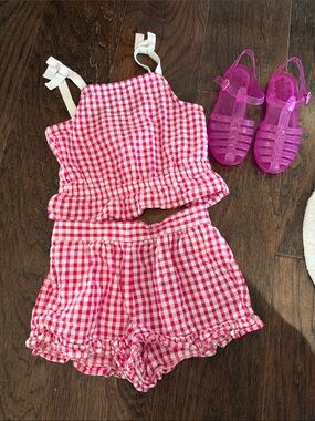 Janie and Jack Pink Gingham Ruffle Set (6) & Jellies (13)